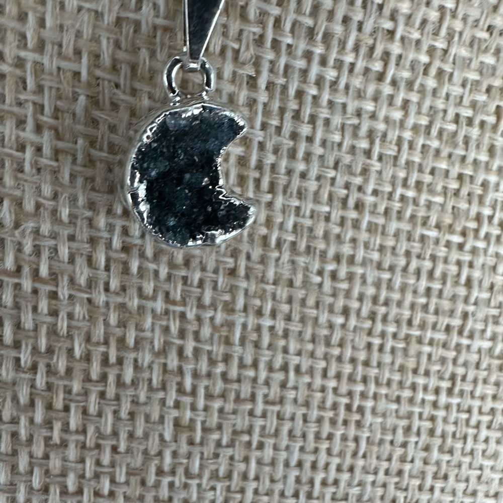 Black/Dark Purple Druzy Amethyst Crescent Moon Pendant on Chain - Picture 10 of 13